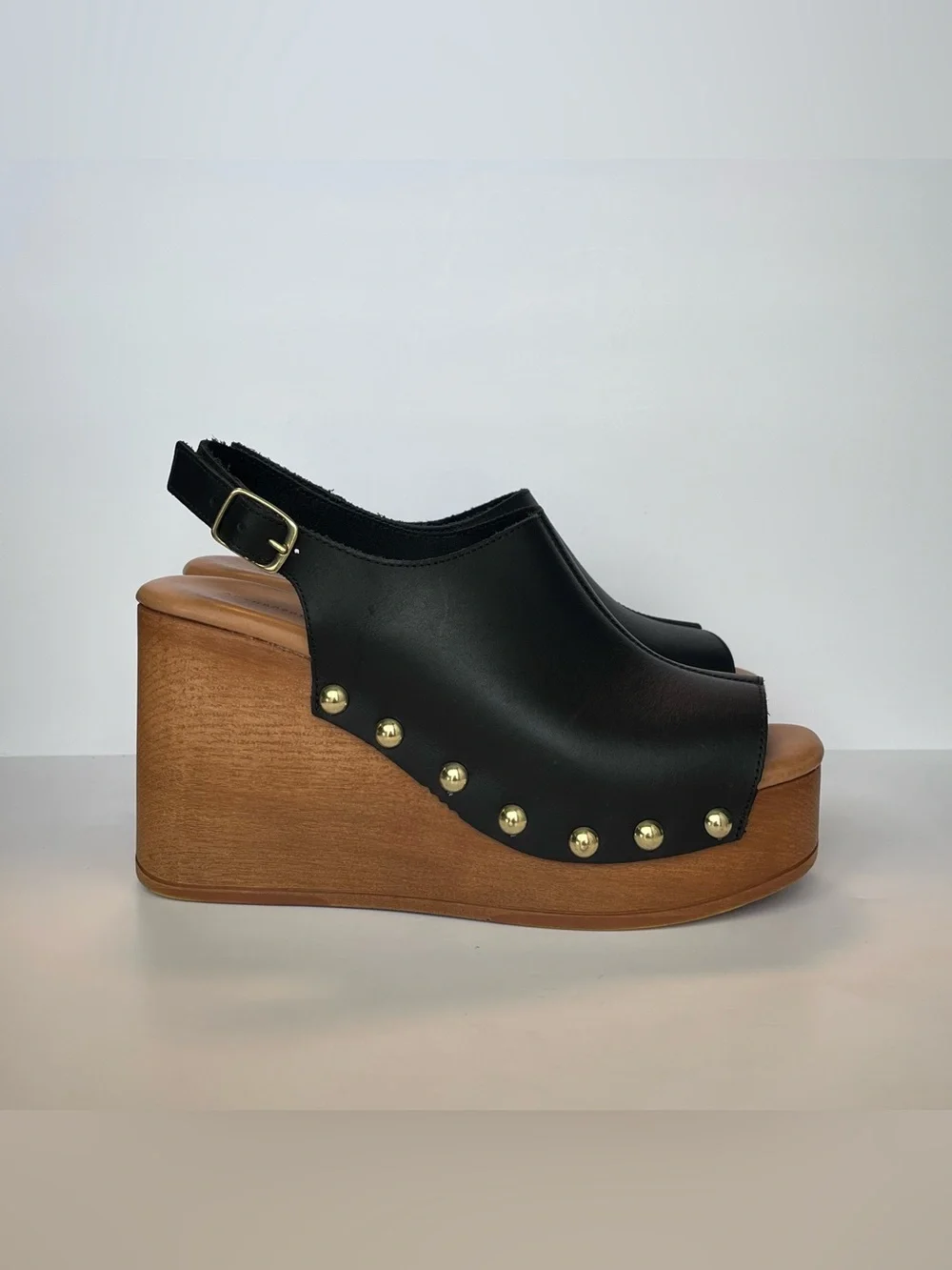 Anthropologie Black Leather Studded Slingback Wedge Sandals Peep Toe US 8 EU 38